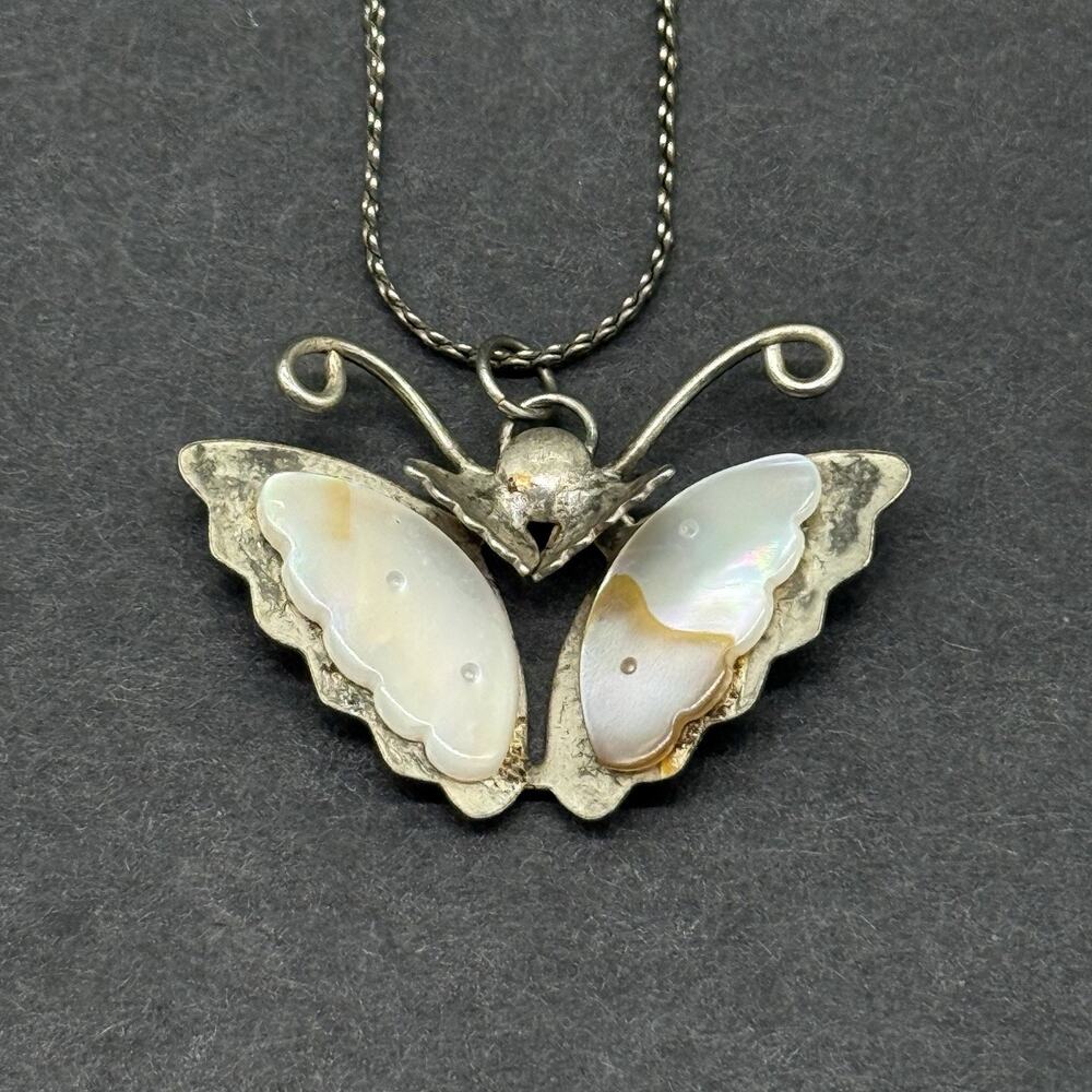 Vintage Sterling Silver Mother of Pearl Butterfly Pendant Necklace Carved Shell